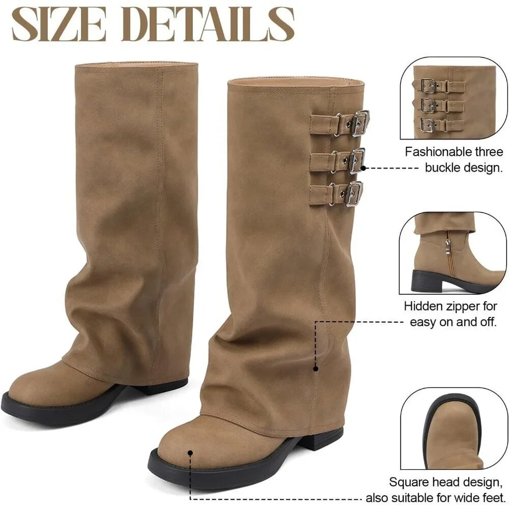 Women's Taupe Fall Slouchy Fold Over Tall Boots Motorcycle Zipper Fashion Buckle